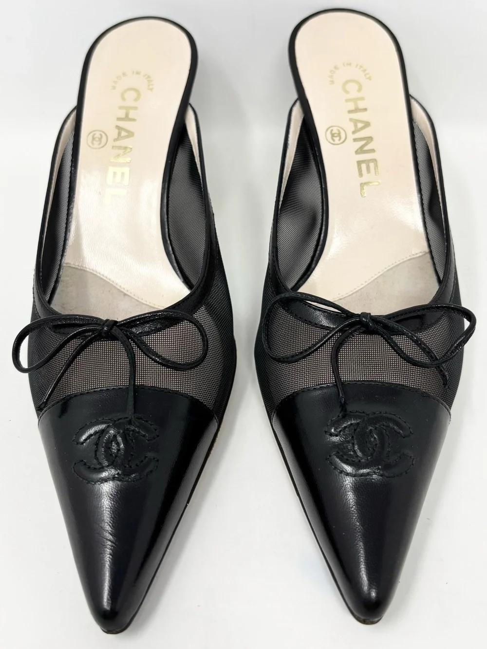 Chanel Black Mesh CC Bow Mules Heels Size 37 US 7 Vintage Y2K 90s
